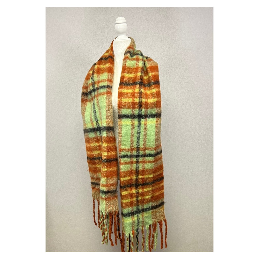 Gorpcore Urban Outfitters Women One Size Orange Green Plaid Fringe Blanket Scarf - Picture 5 of 8